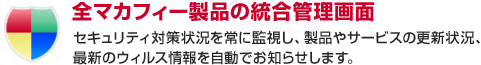 全マカフィー製品の統合管理画面　セキュリティ対策状況を常に監視し、製品やサービスの更新状況、最新のウィルス情報を自動でお知らせします。