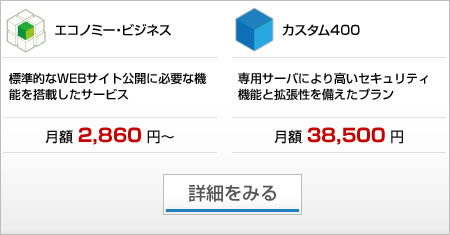 エコノミー・ビジネスは標準的なWEBサイト公開に必要な機能を搭載したプラン 月額2,860円～
カスタム400は専用サーバーにより高いセキュリティ機能と拡張性を備えたプラン 月額38,500円